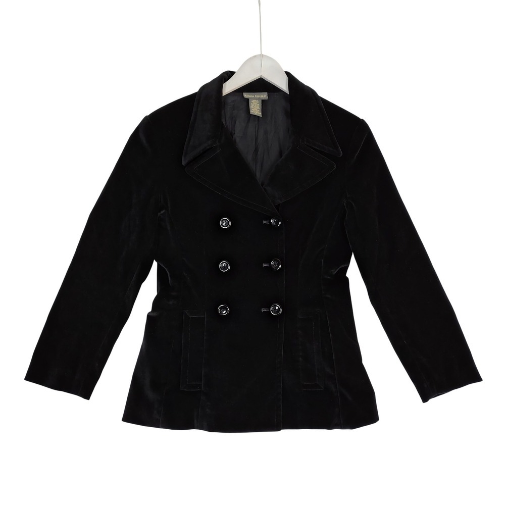 Banana Republic Black Velvet Pea Coat Double Breasted Jacket Womens 6 CA17897